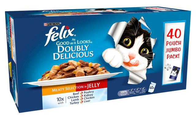 40 X 100g Felix Doubly Delicious Meaty Selection In Jelly Pouches