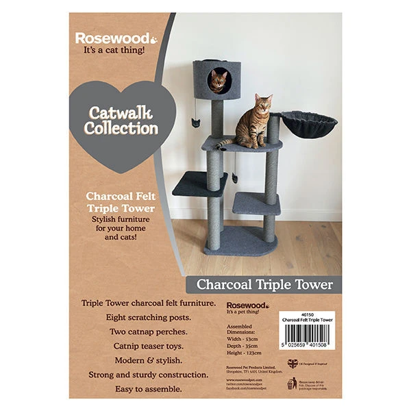 Rosewood Charcoal Felt Triple Scratcher Cat Tower - Image 2