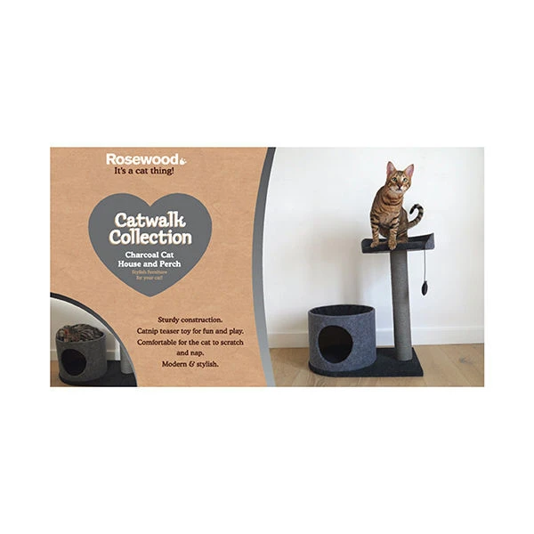 Rosewood Charcoal Felt Cat Scratch Post, House And Perch - Image 2