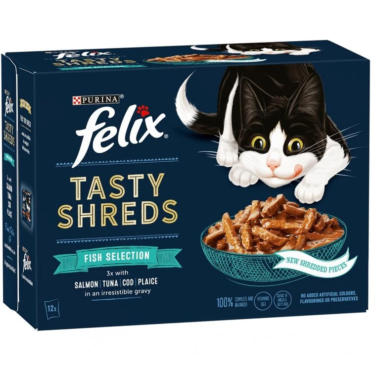 48 X 80g Felix Tasty Shreds Fish Selection In Gravy Cat Food