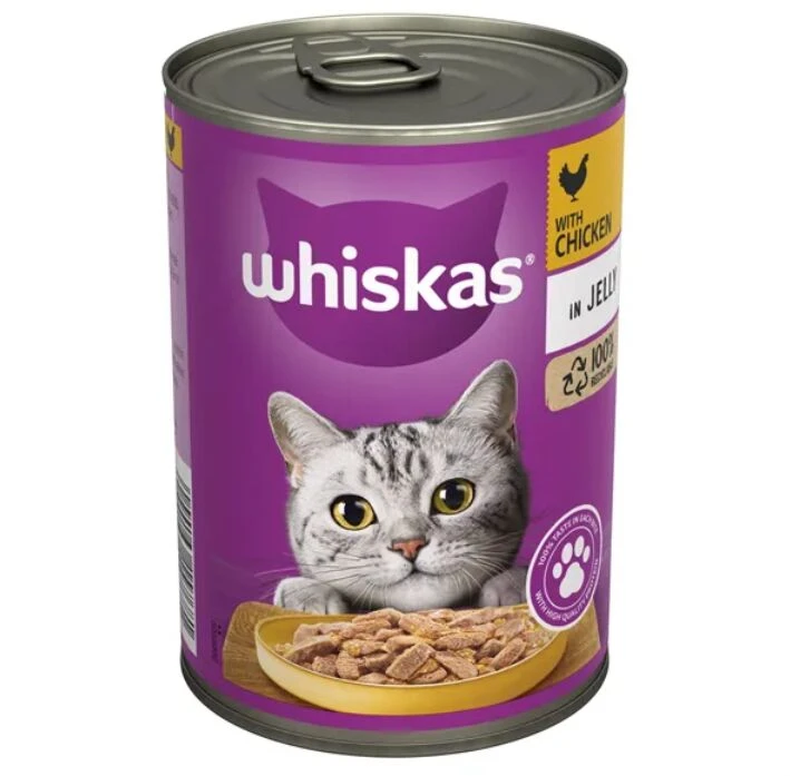 12 X Whiskas 1+ Cat Tin With Chicken In Jelly 400g