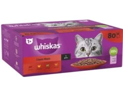80 X Whiskas 1+ Cat Pouches Meaty Meals In Gravy 85g