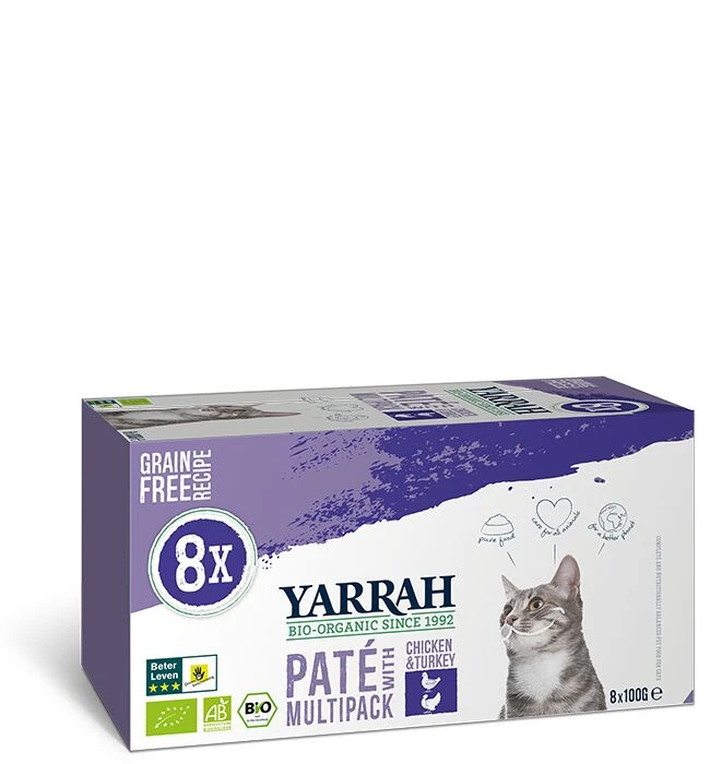 16 X Yarrah Organic Wet Cat Food Grain Free Pate Chicken & Turkey With Aloe Vera 100g